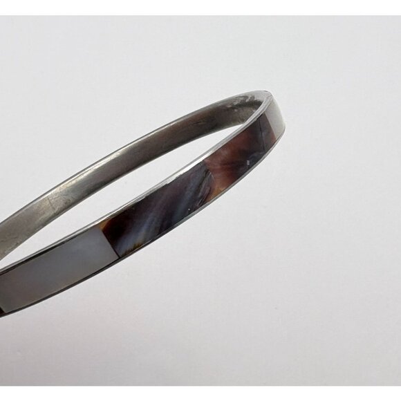 Mother of Pearl Inlay Bracelet Bangle Silver Tone Minimalist Boho - Picture 5 of 7